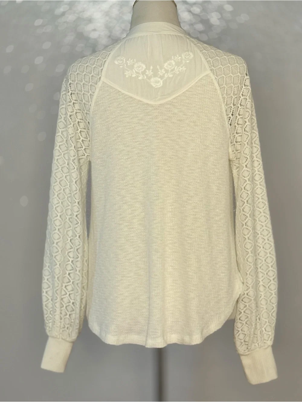 Free People Sweetest Thing Thermal Top Ivory Lace Sleeve Boho Cottagecore